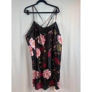 Floral Satin Lace Trim Chemise Nightgown Black Pink Strappy Back Sleeveless 3X